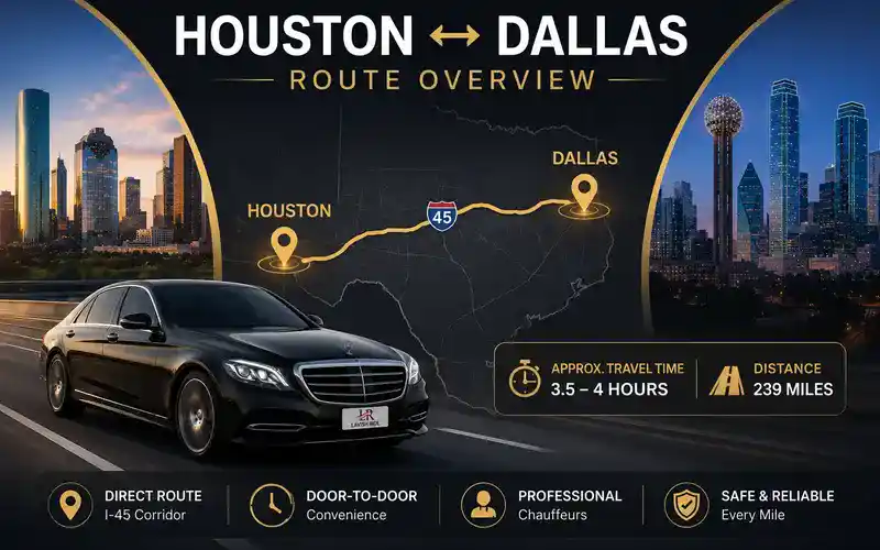 Infographic-style map showing the luxury intercity route between Houston and Dallas along I-45, featuring a premium black sedan with Lavish Ride branding, skyline visuals, estimated travel time, and distance details.